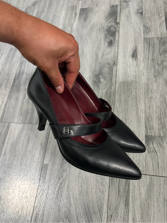 CHANEL Shoes - Black Leather Pointed-Toe Mary Jane Heels